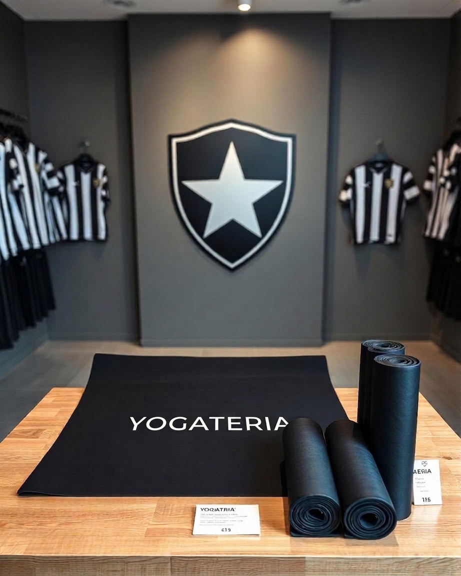Prateleira de loja oficial do clube com tapetes Yogateria empilhados