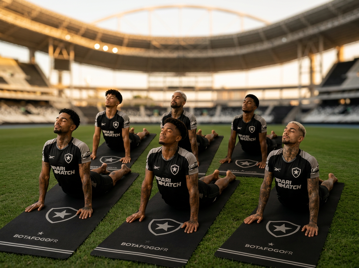 Atletas do Botafogo em sessão de mobilidade sobre os tapetes oficiais